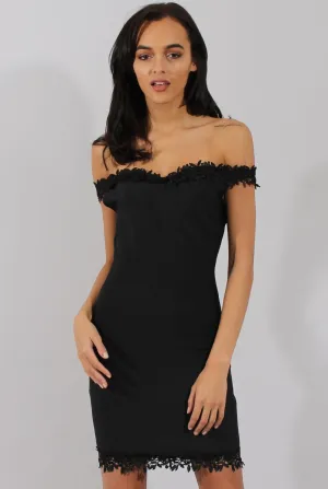 Black Bandage Bardot Crochet Trim Dress - Stasia