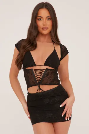 Black Floral Lace Bralette Top & Mini Skirt Co-ord Set - Charlie