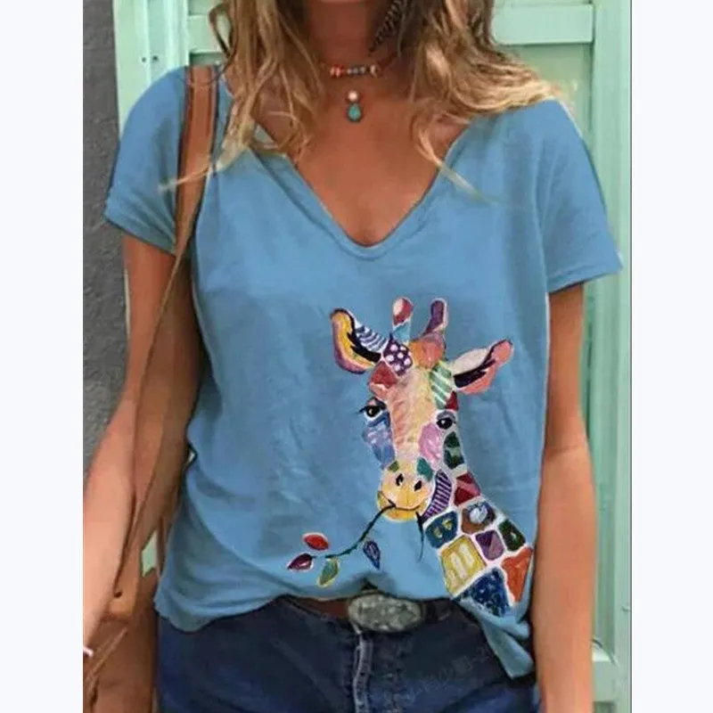 Fashion printed short-sleeved V-neck T-shirt