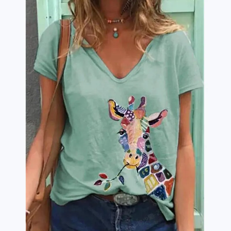 Fashion printed short-sleeved V-neck T-shirt