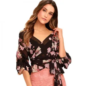 Floral Print Wrap Chiffon Blouse Lantern Sleeves Shirt (US 2-14)