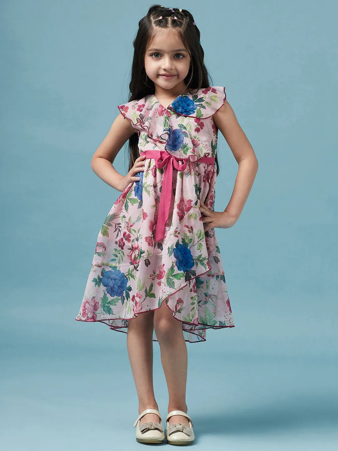 Girls Floral Printed V Neck A-Line Dress