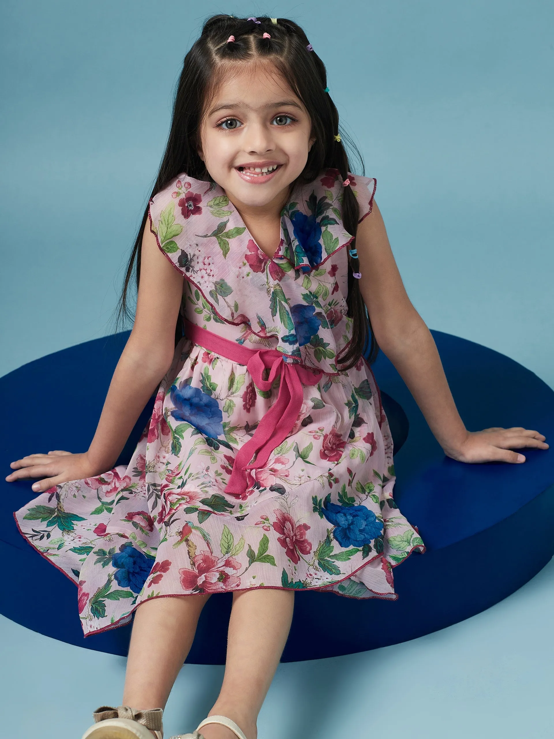 Girls Floral Printed V Neck A-Line Dress