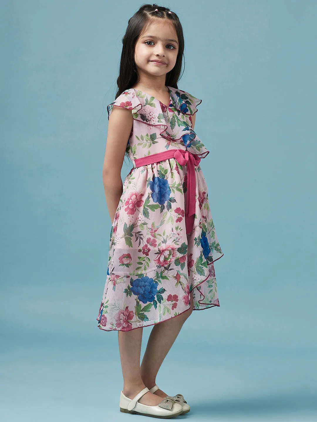 Girls Floral Printed V Neck A-Line Dress