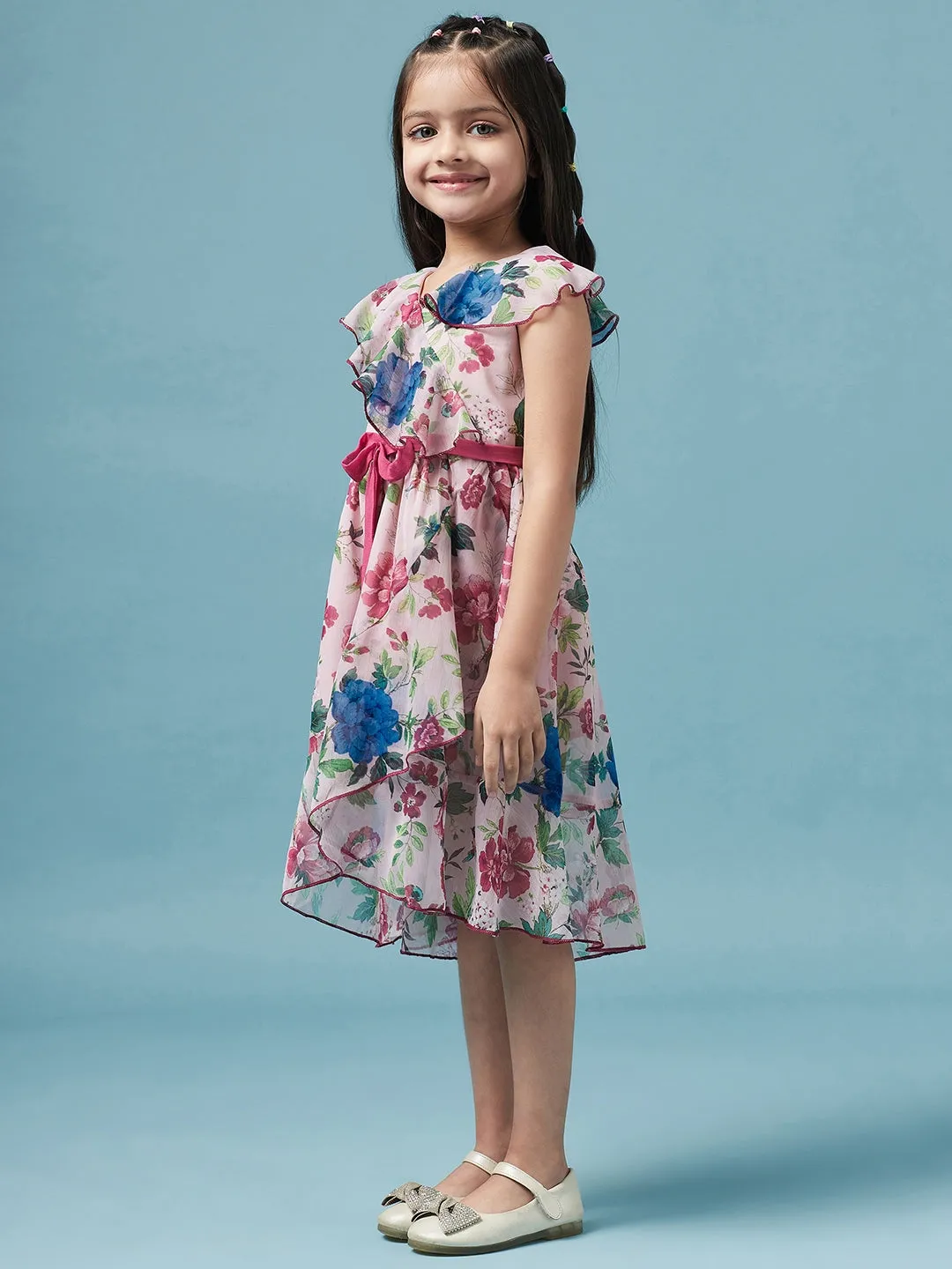 Girls Floral Printed V Neck A-Line Dress