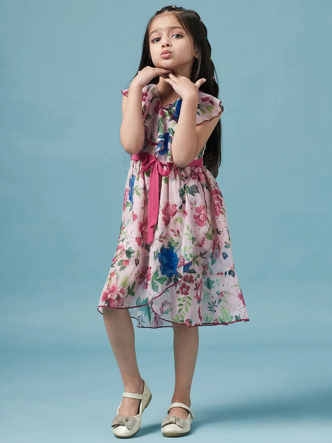 Girls Floral Printed V Neck A-Line Dress