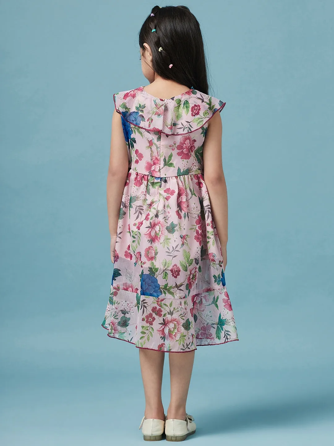 Girls Floral Printed V Neck A-Line Dress