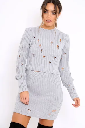 Grey Distressed Cable Knit Co-ord - Dayla