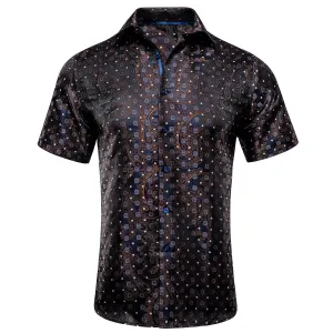 Hi-Tie Blue Brown Novelty Paisley Silk Men's Short Sleeve Dress Shirt