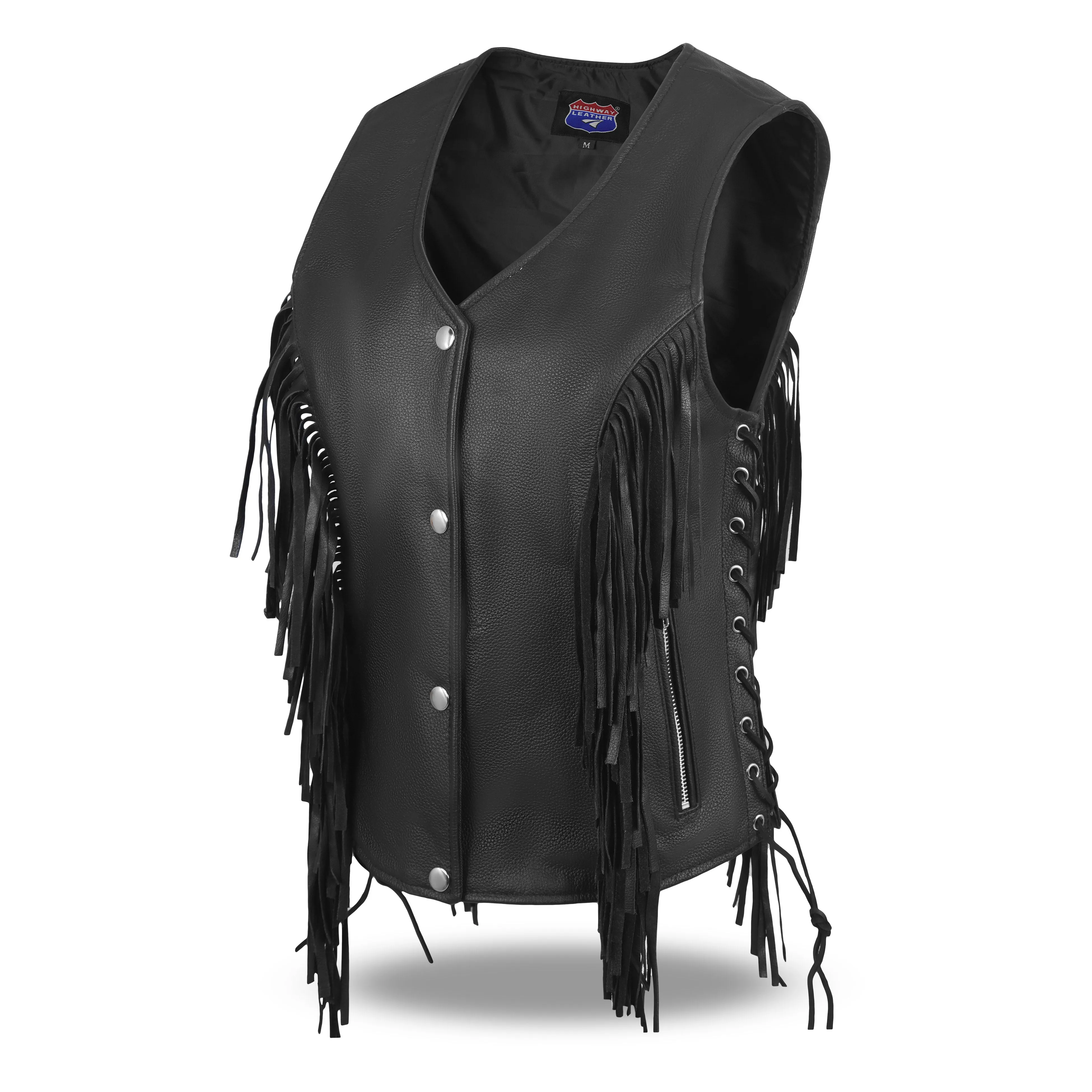 HL14858FRINGE WOMEN SIDE LACE VEST M/O BUFFALO LEATHER BLACK