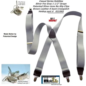 Holdup Brand Light Silver Fox Gray  1 1/2" Wide X-back Suspenders with USA Patented No-slip Silver-tone Clips