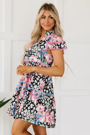 Pink Floral Short Sleeve Tiered Mini Dress for Summer