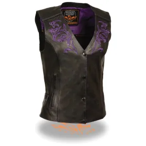 Purple Tribal Design (Reflective) Women's Motorcycle Leather Vest