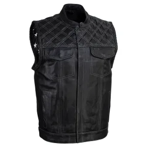 Xelement XS13003 Men's Black 'Stars and Stripes’ Leather Motorcycle Vest with USA Flag Liner